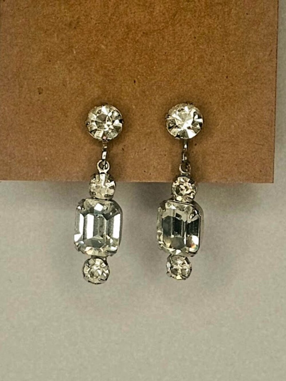 Vintage 1950s Art Deco Style Clear Rhinestone Dangle Earrings